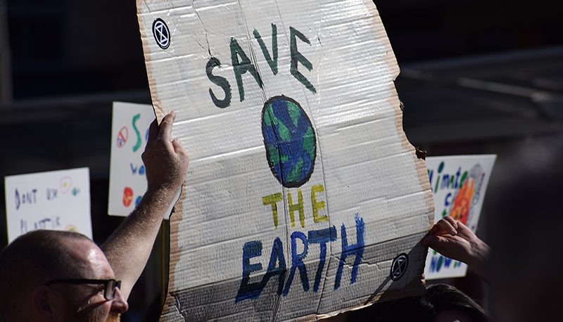 A cardboard sign at a climate protest reading "Save the Earth" with a painting of the globe.