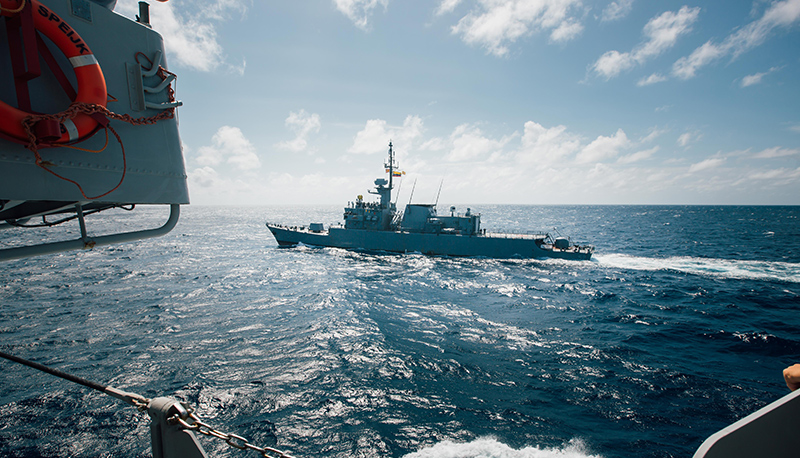 A military vessel in the ocean.