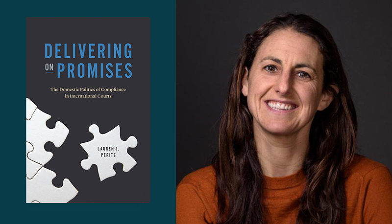 The cover of Delivering on Promises next to a headshot of Lauren Peritz against a blue background.