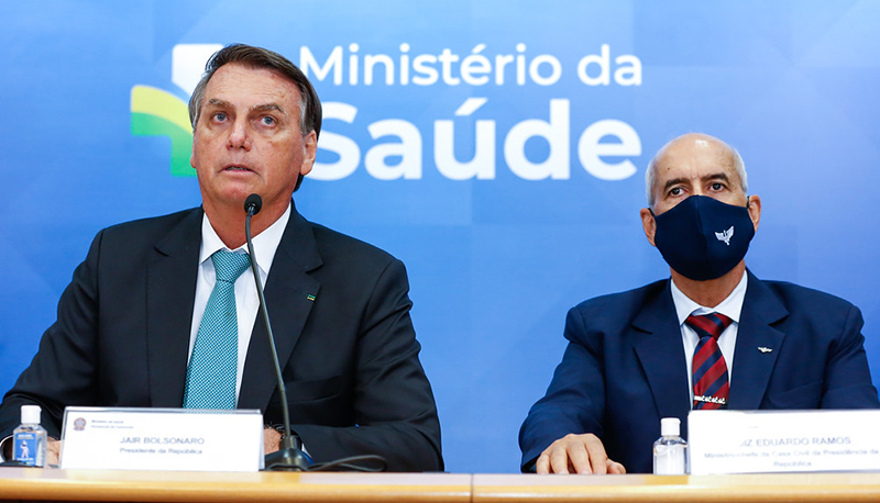 Brazilian president Jair Bolsonaro speaks unmasked at the signing of the Technology Transfer Agreement for the COVID-19 vaccine in January 2021.