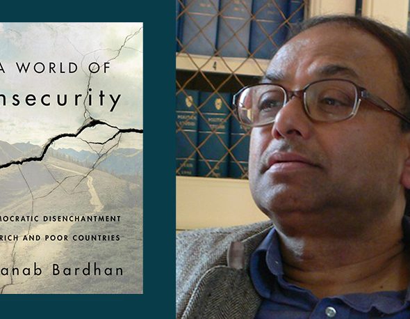 A headshot of Pranab Bardhan next to the cover of his book, A World of Insecurity