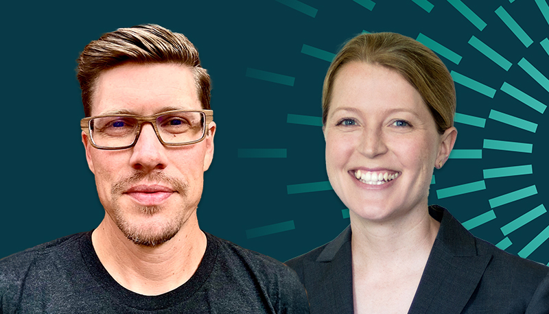 headshot photos of Brandon Kinne and Aila Matanock on a dark teal background