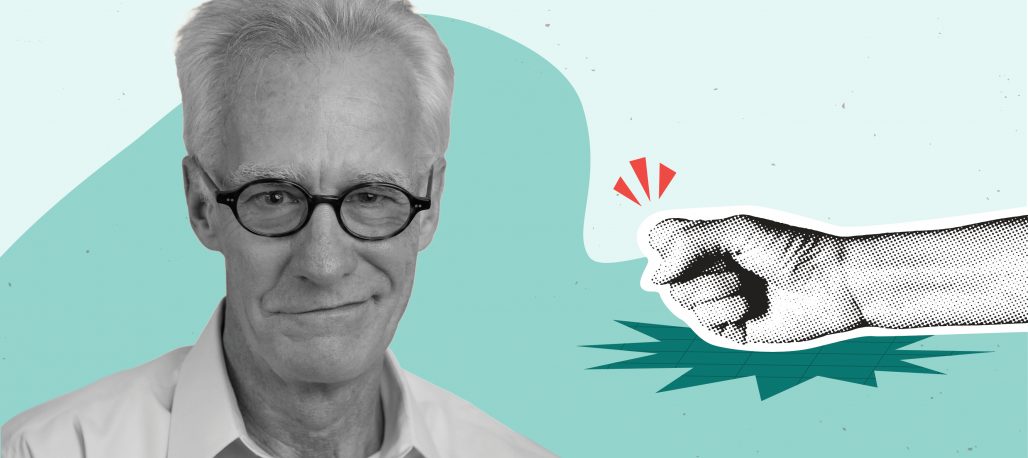 Black and white headshot photo of Stephan Haggard next to a clipart image of a closed fist, overlayed on a two-tone teal background