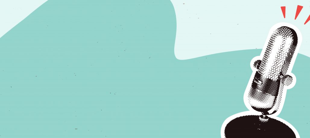 Artwork of a microphone against a two-tone teal background