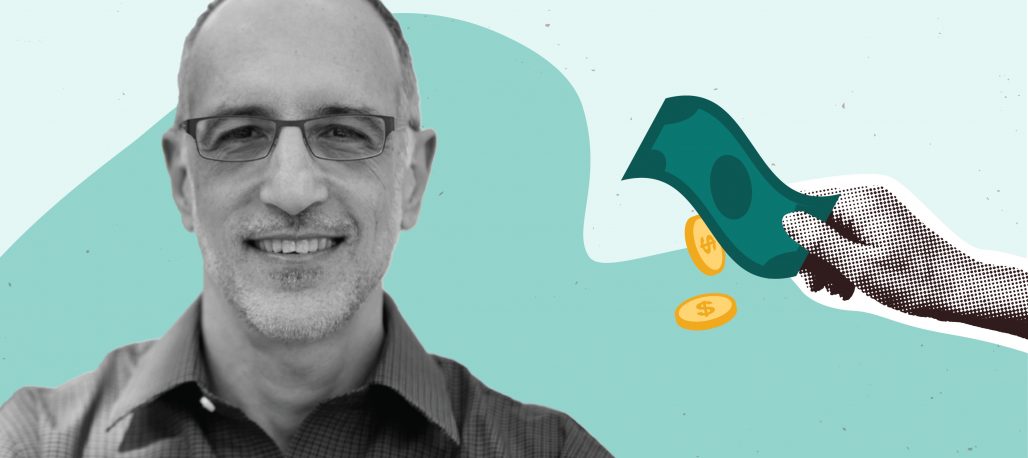 Black and white headshot photo of Marty Gilens next to clipart of a hand holding money overlayed on a two-tone teal background