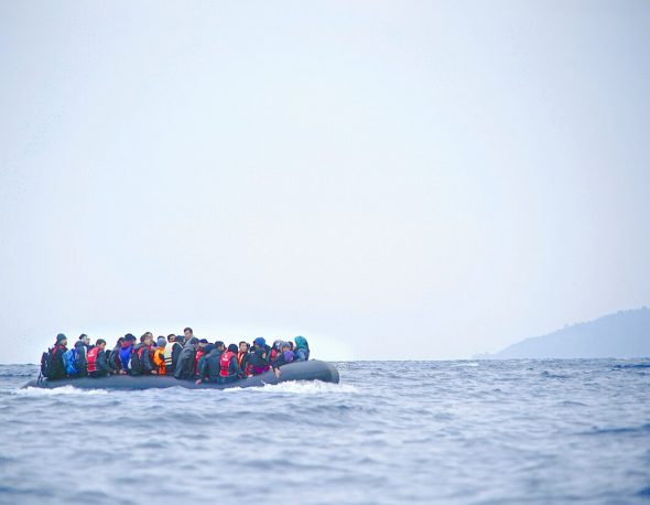 Refugees on a boat crossing the Mediterranean sea, 2016