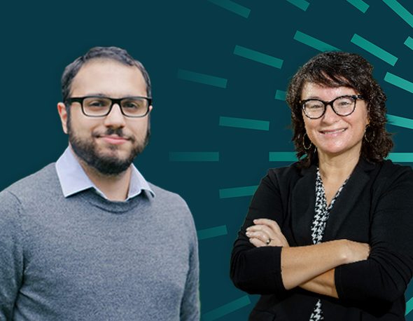 headshot photos of Will Nomikos and Kim Yi Dionne on a dark teal background