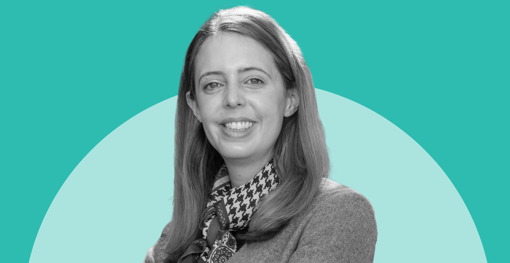 a black and white headshot of Rachel Hulvey on a two-tone teal background