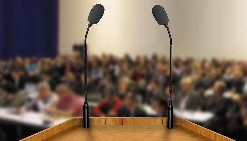 A debate podium with two microphones