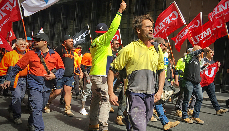 Australian trade union members marching through Pitt Street, Sydney in September 2018