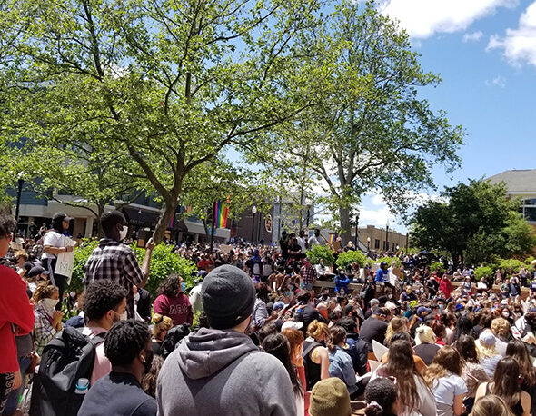 Young protesters outside the State College Municipal Building in 2020