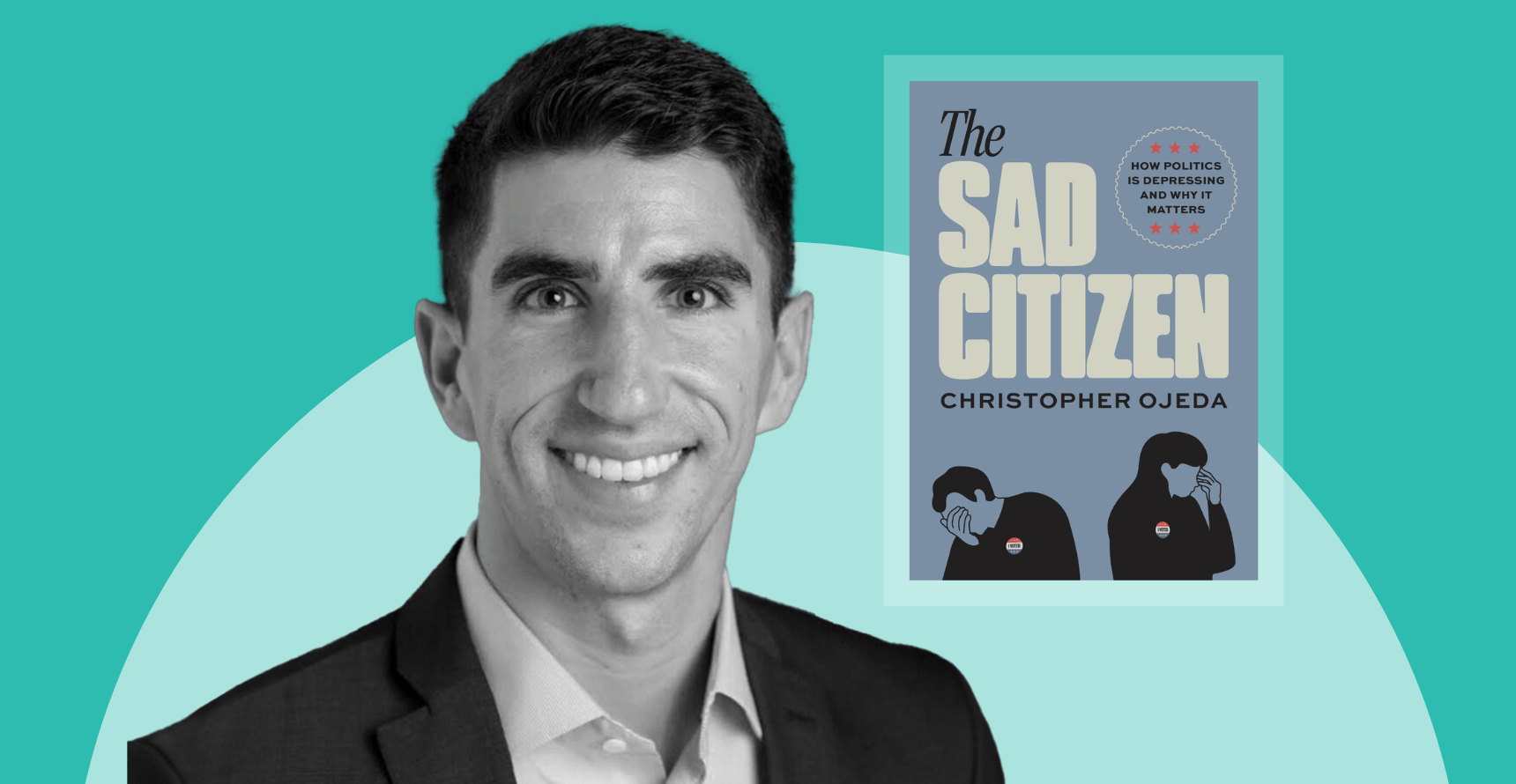 Black and white headshot photo of Christopher Ojeda next to the cover image of his book 