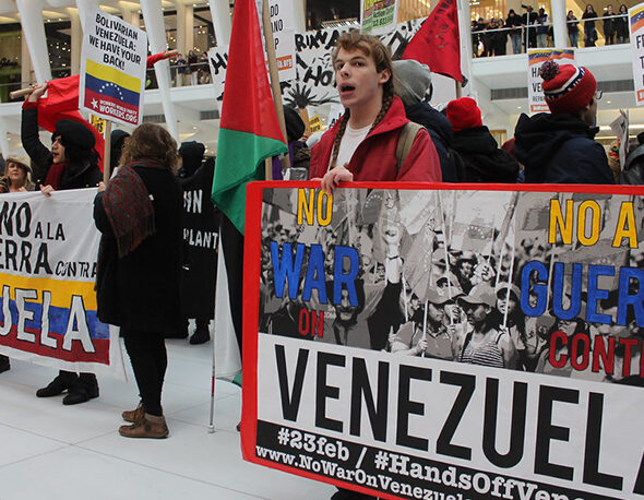 Protestors in New York City gather to demonstrate against U.S. sanctions and involvement in Venezuela