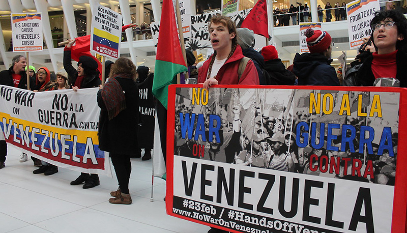 Protestors in New York City gather to demonstrate against U.S. sanctions and involvement in Venezuela