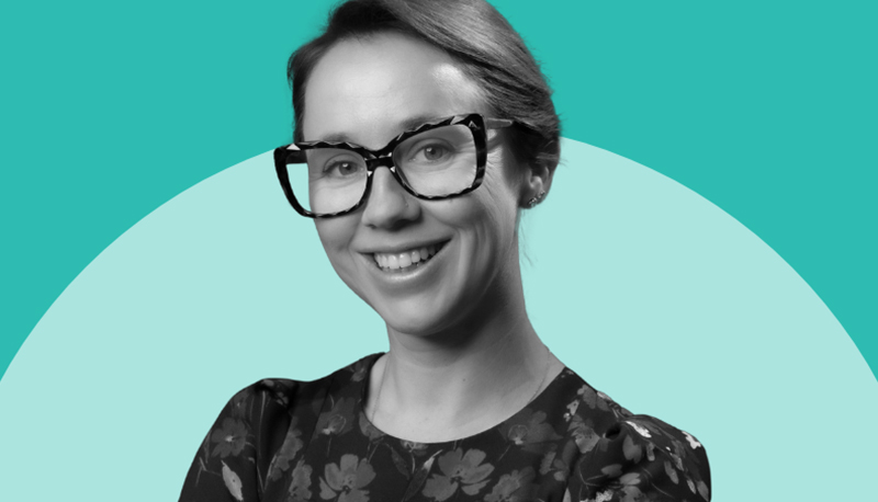 Black and white headshot of Cailin O'Connor overlaid on a two-tone teal background